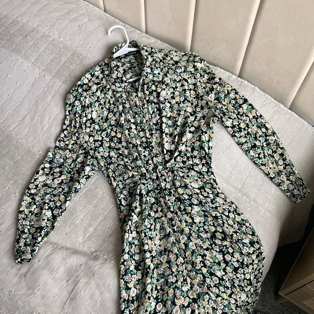 Zara Floral Long Sleeve Dress - Green and Cream